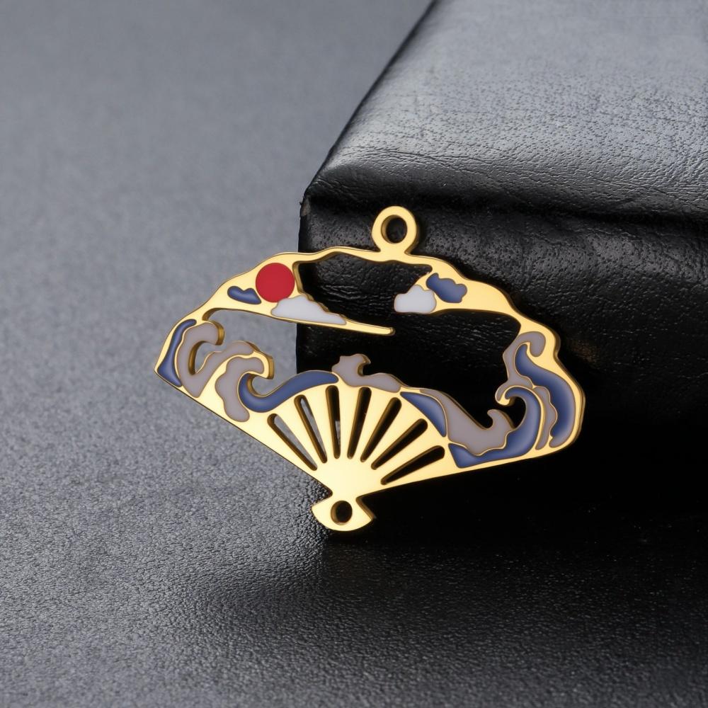 Chinese Style Hollow Fan Charms Stainless Steel Enamel Red Sun Cloud Pendants for DIY Earrings Necklace DIY Jewelry Making Gifts