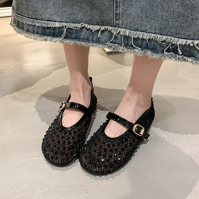 Fashion Luxury Crystal Covered Fishnet Mary Jane Shoes Woman Elegant Brand Design Rhinestone Mesh Ballet Flats Ladies  Bling Net Loafers