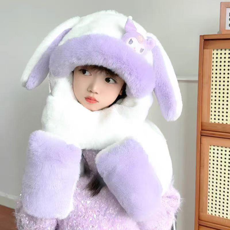 Cute Rabbit Ear Children's Hat & Scarf Combo - Plush, Warm, and Movable Ears for Girls.