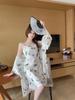 Sexy Pyjama Damen Eis Seide Dünn Schwingender Kragen Reiner Verlangen Stil Druck Träger Nachthemd Nachthemd Zweiteiliges Set Zuhause Neue Kleidung