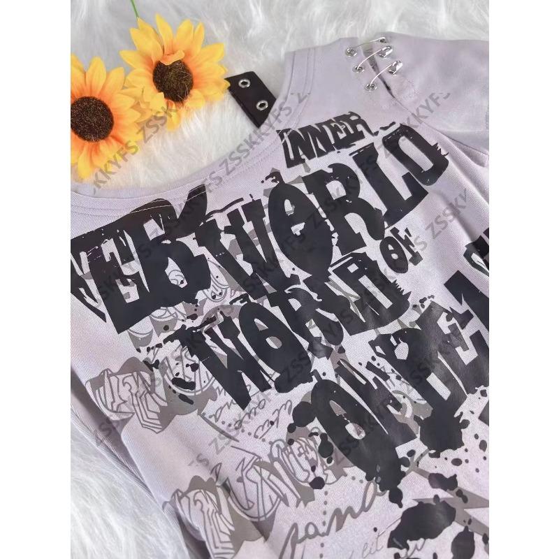 TrendHub Gothic Kleidung T-Shirt Vintage Kurzarm Frau Y2k Streetwear Totenköpfe Punk Damen T-Shirts Gyaru Druck Sommer Emo T-Shirt Top