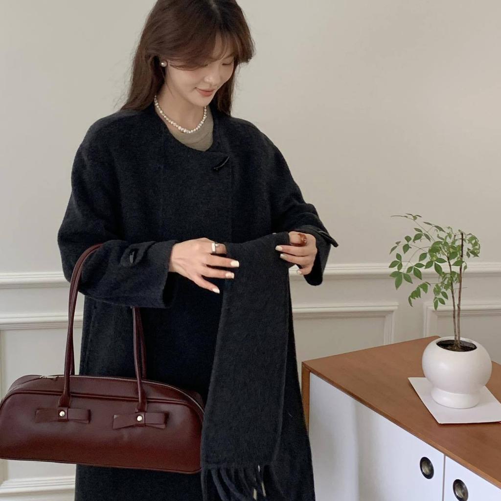 Korean Lace Detachable Tassel Scarf Horn Button Double-sided Wool Coat Mid-length Temperament Coat Warm and Loose
