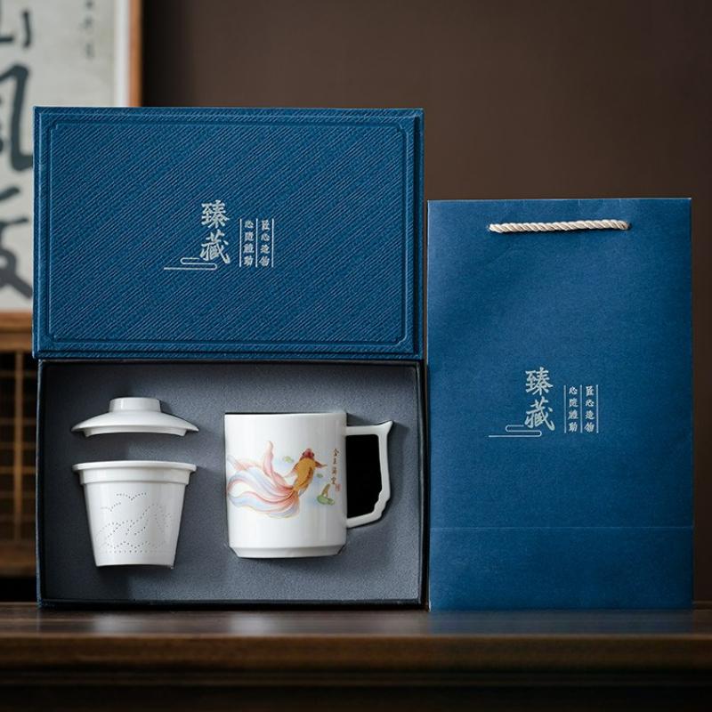 Ceramic Household Filter Tea Separation Mug with Lid Chinese Style Tea Infuser Office Large Capacity Water Mug Teacup Gift Box
