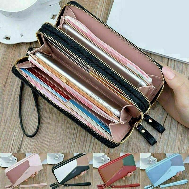 Women Ladies Leather Wallet Long 2 Zip Purse Card Phone Holder Clutch Handbag