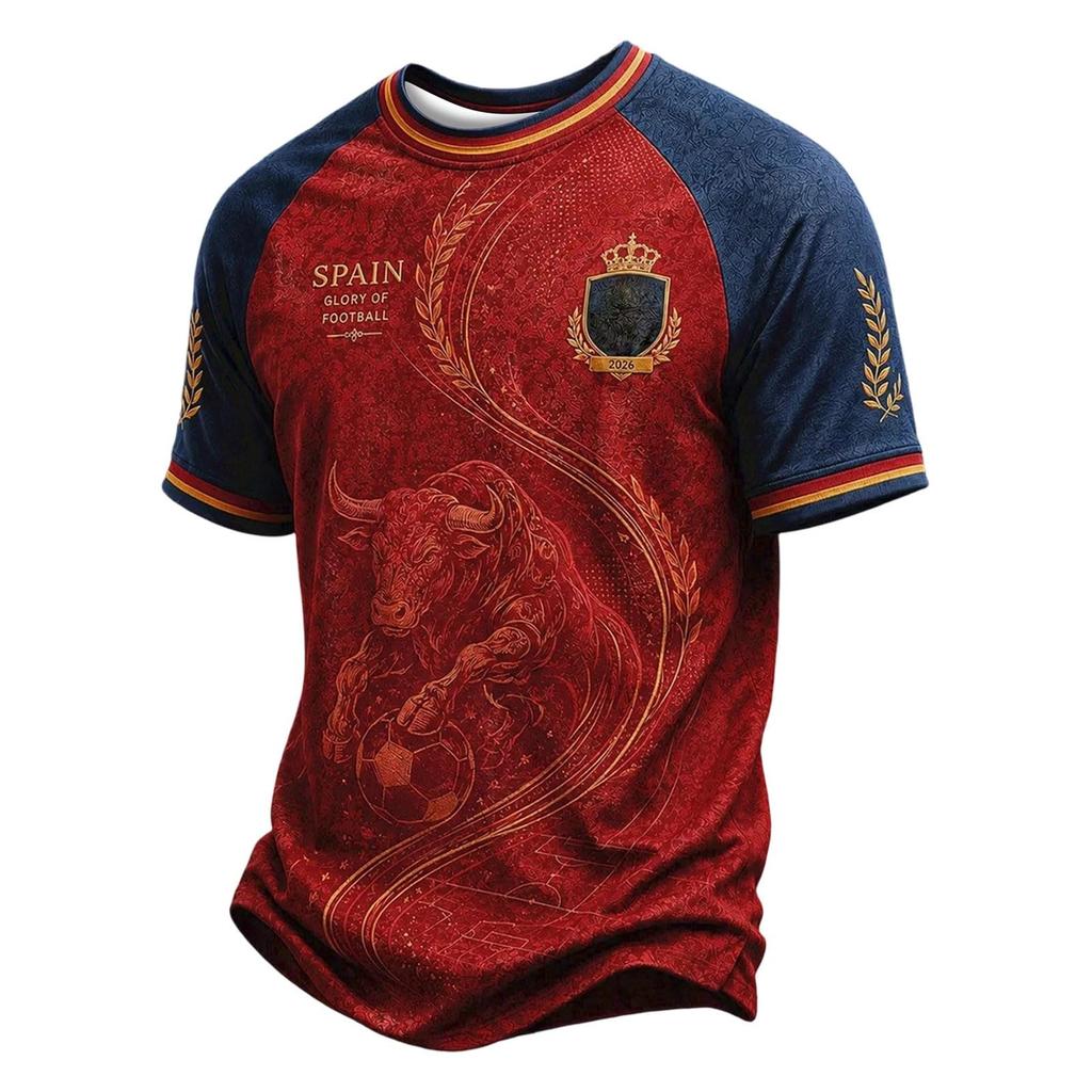Men's Classic Crew Neck Football T-Shirt Spain Inspired Graphic Print Casual Fit Short Sleeve Top for Sports and Everyday Wear