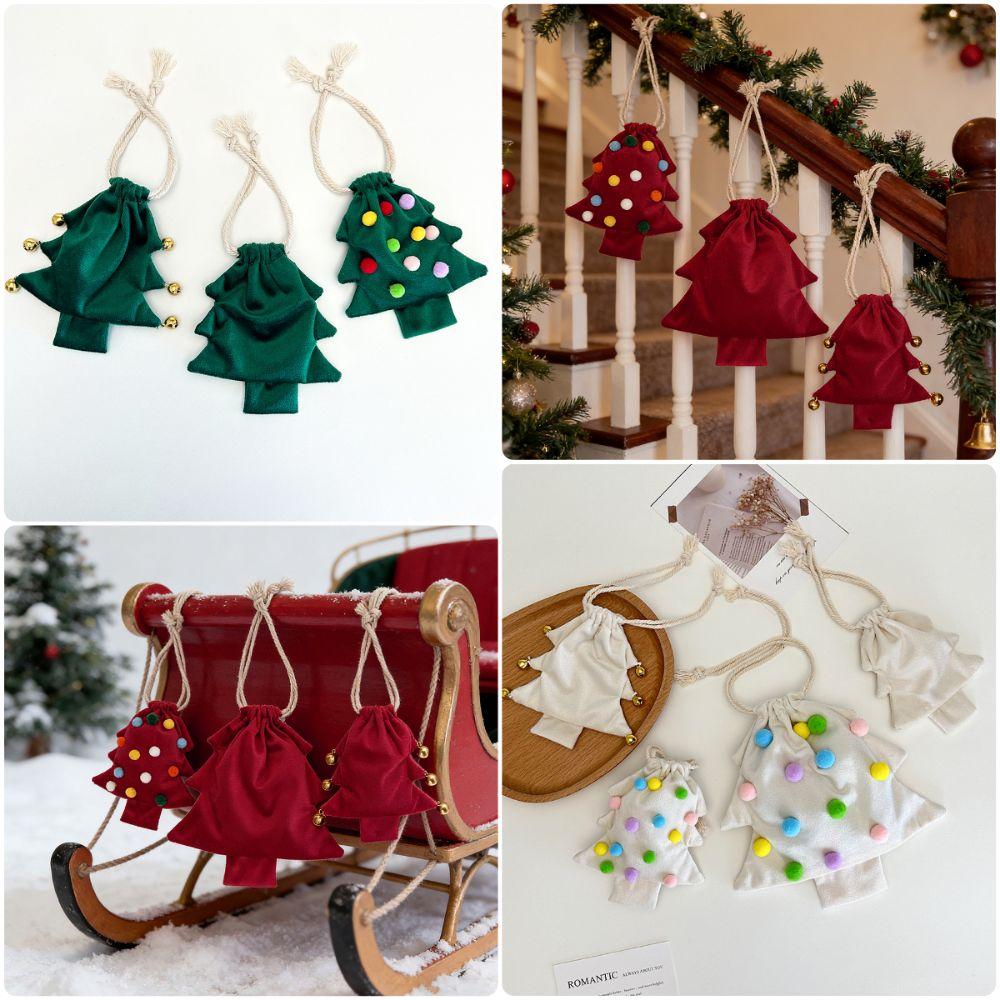 Drawstring Christmas Tree Gift Bags Red Green White Bell Ornament Christmas Drawstring Bag Hanging Decoration Pom Pom Decoration