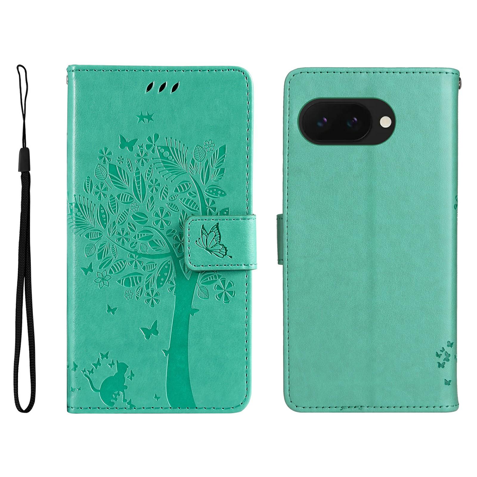 

For Google Pixel 9a Phone Case with Stand Cat Tree Pattern Leather Wallet Mobile Cover Green