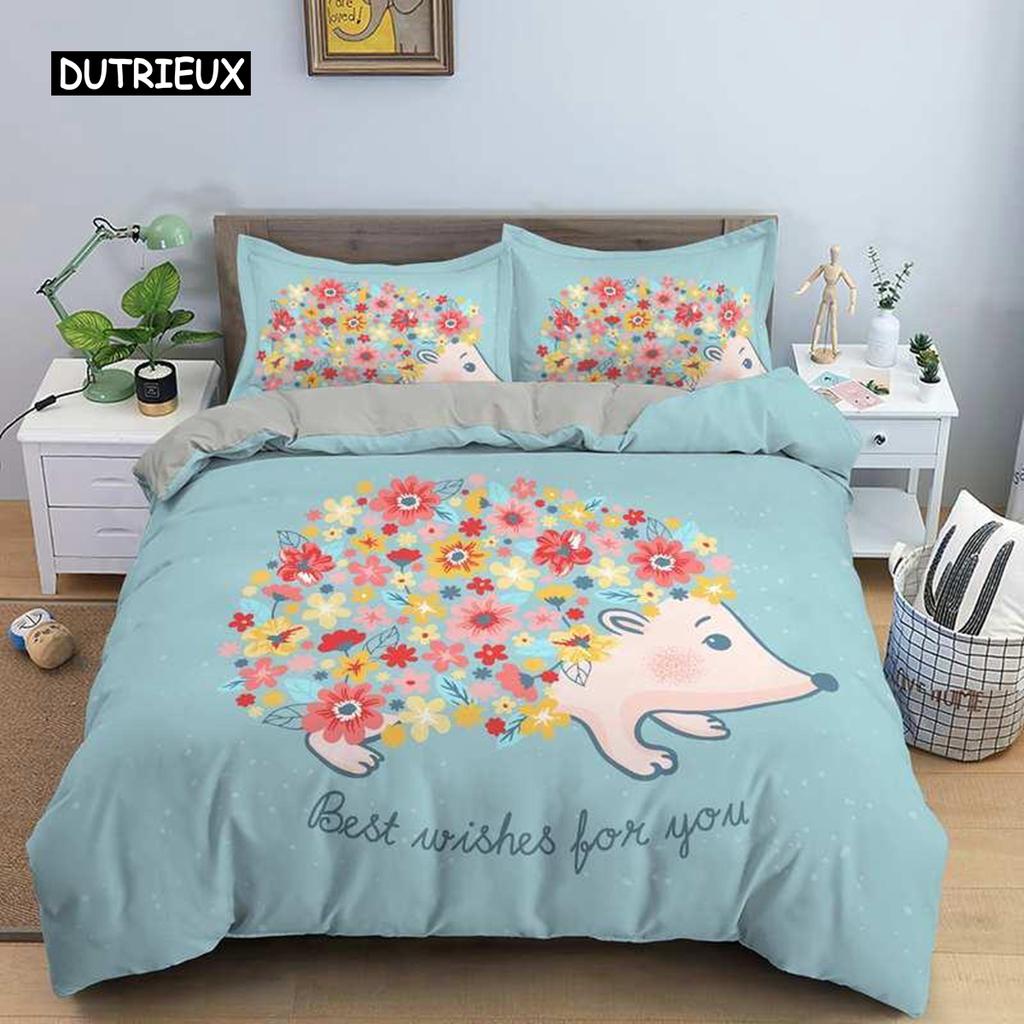 Hedgehog Duvet Cover Set 3D Cartoon Hedgehog Flower 2/3PCS Bedding Set Kids Boys Girls Animal Queen Size Polyester Quilt Cover