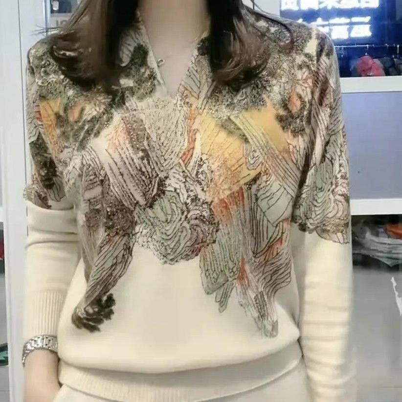 

Осень-зима с пейзажным принтом и бриллиантами, элегантный модный свитер, женский размер 6XL, свободный повседневный стиль, универсальный пуловер, вязаный джемпер