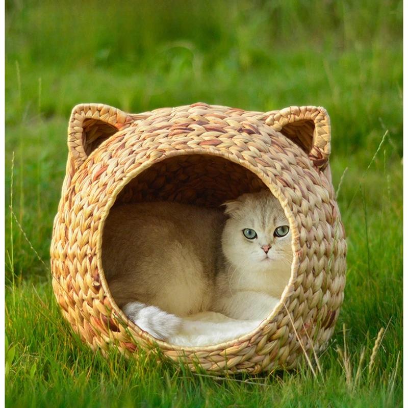 Natural Cattail Kennel for Cats Handmade Weaving Semi-Enclosed Pet House Cool and Breathable Cat Cage Pet Nest