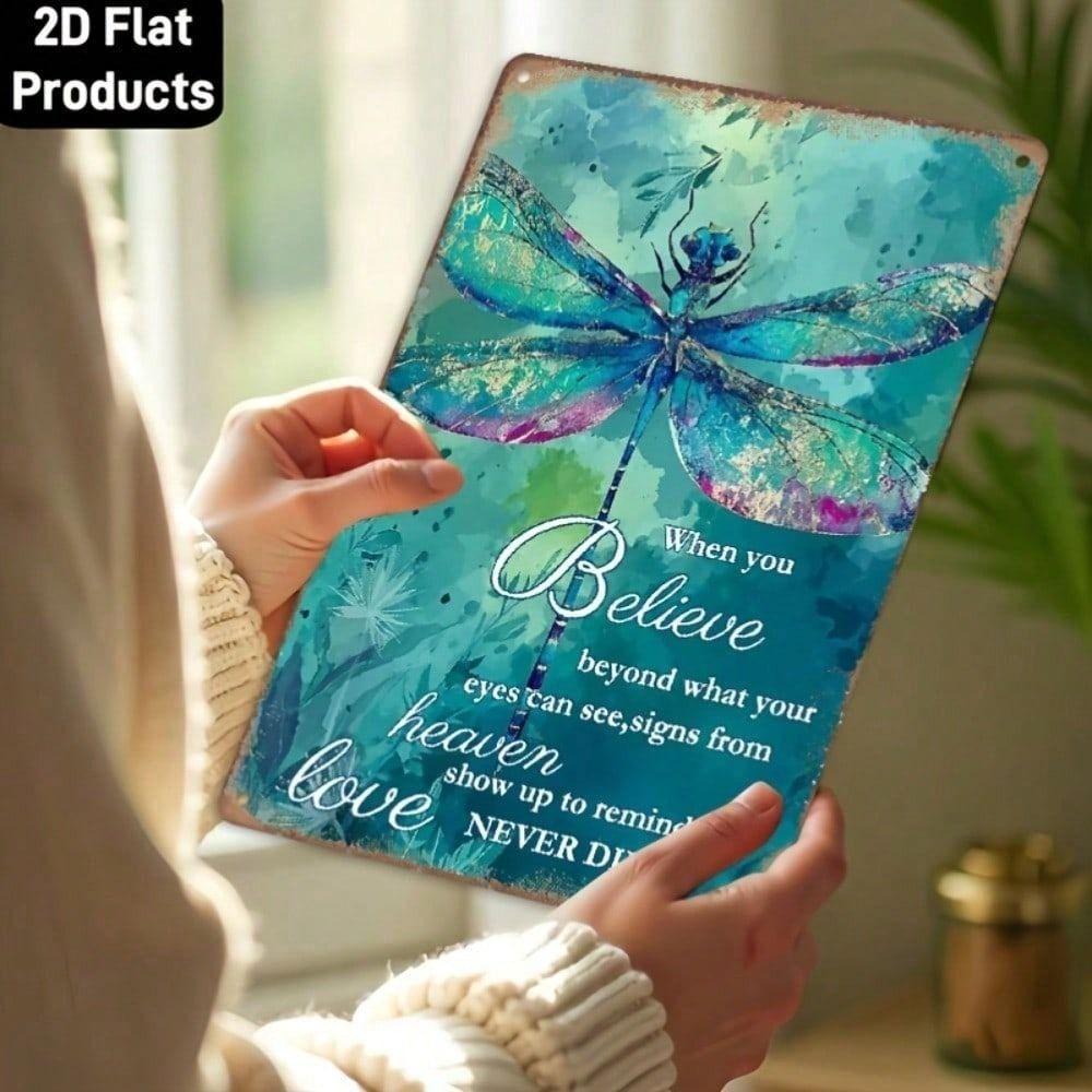 Metal Wall Art Poster, Dragonfly When You Believe, Gold Turquoise Inspirational Decor