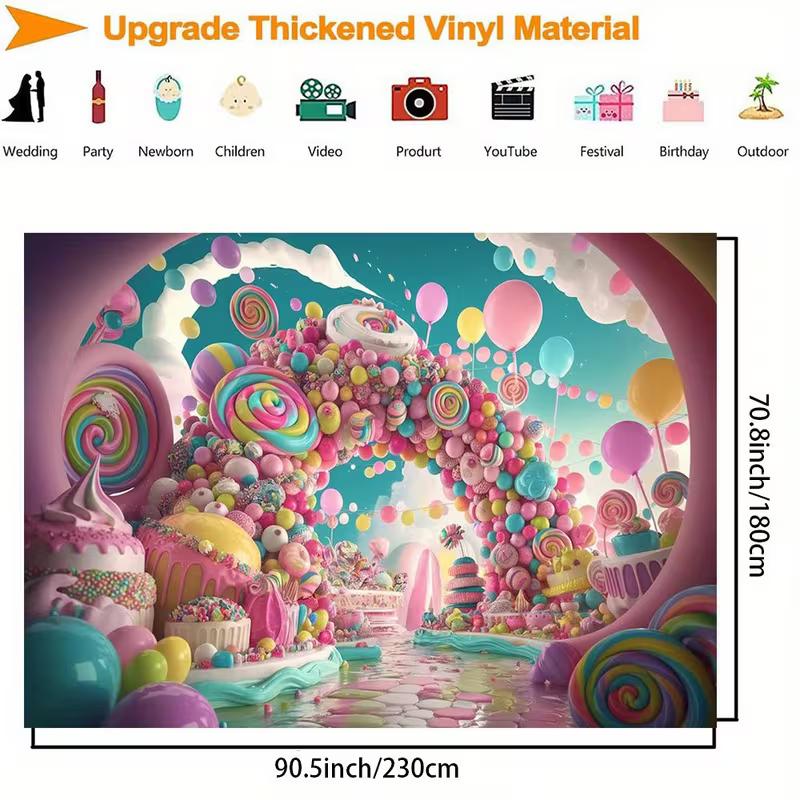 2D Whimsical Sweet Party Backdrop with Candies & Balloons Photo Booth Background