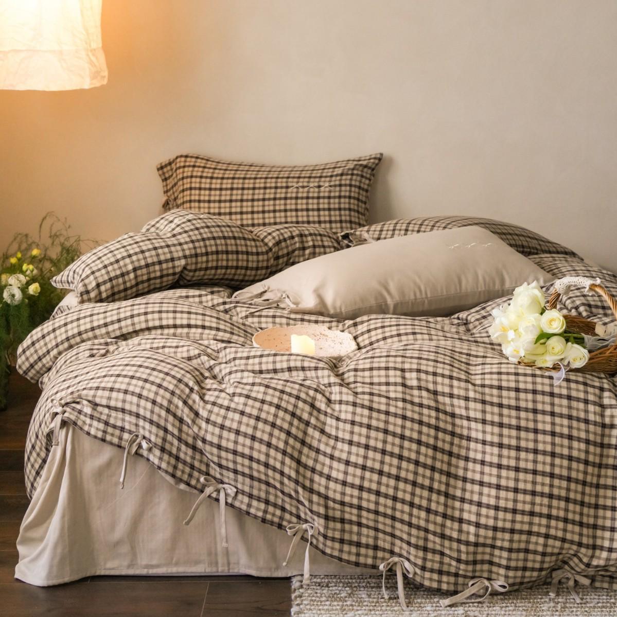 Retro Cotton Yarn-Dyed Washed Double-Layer Plaid Gauze Embroidery Bedding Set (4-Piece) 1.5m Bed Four-Piece Set (200x230cm)