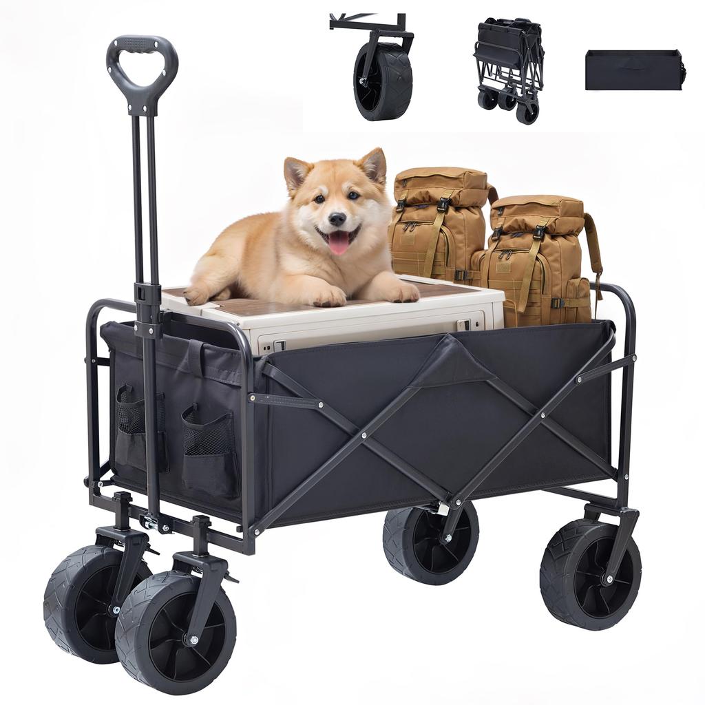VECELO Carry Wagon Foldable Carry Cart Outdoor Wagon Camping Cart Large Tires with Brake Large Capacity 110L Load Capacity 100KG 4 Wheels Outdoor
