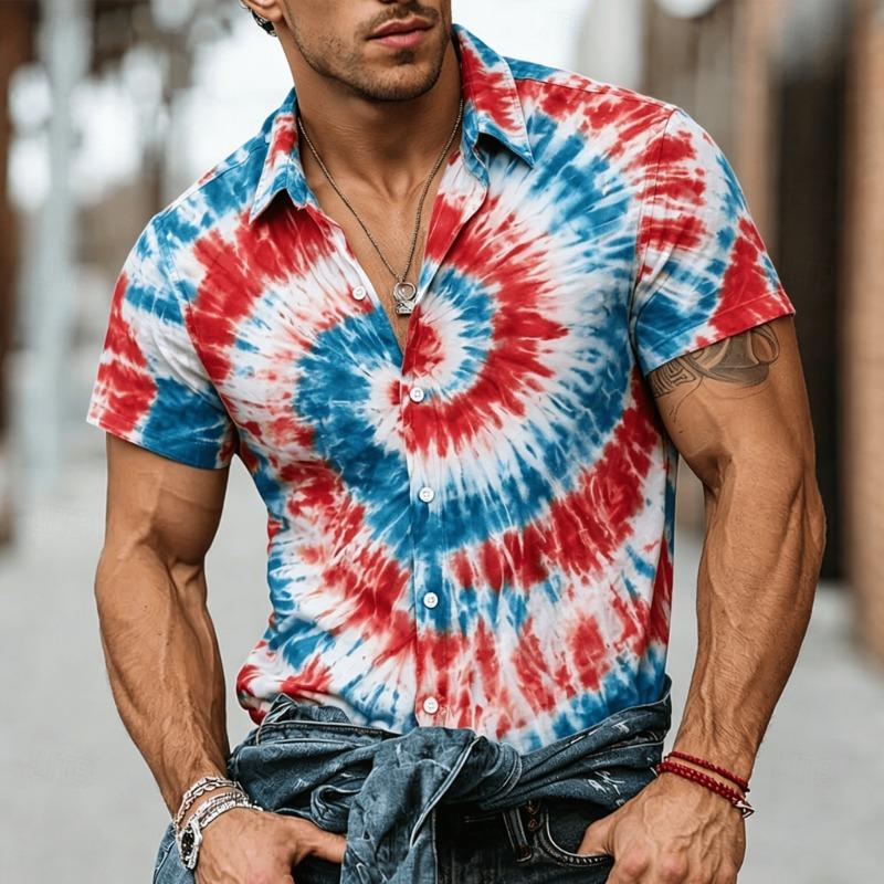 

Men s Red White Blue Tie Dye Spiral Print Short Sleeve Shirt, Retro Hippie Button Up Shirt for Spring & Summer S