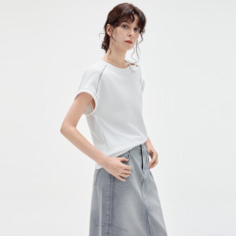ELLE Women's Embroidered Round Neck Short Sleeve T-Shirt