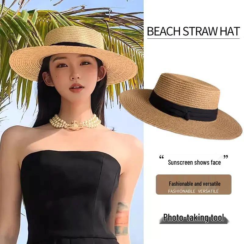 2025 Damen Stroh-Fedora mit breiter Krempe: Flacher, gewebter Strandhut für große Kopfgrößen