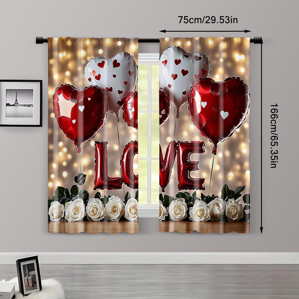 2pc, Window Curtains Valentine's Day Truck Background Romantic Love Balloons Versatile Fabric,Without Electricity Festive