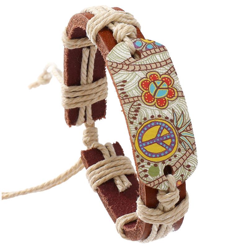 European and American popular jewelry hemp rope woven bracelet bracelet retro style heat transfer peace sign leather bracelet светло-коричневого