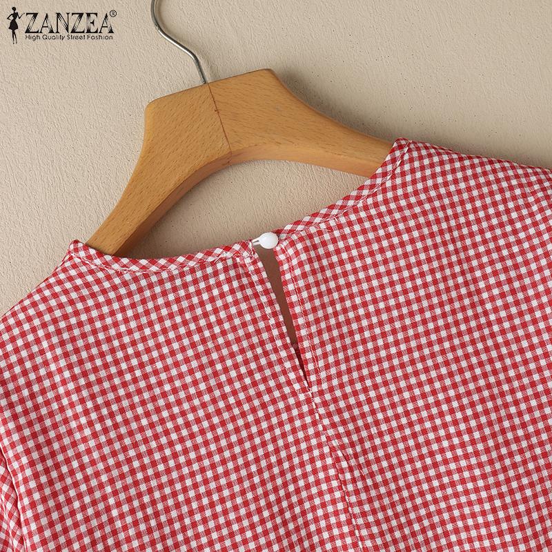 ZANZEA Women Vintage Round Neck 3/4 Sleeves Loose Plaid Blouses