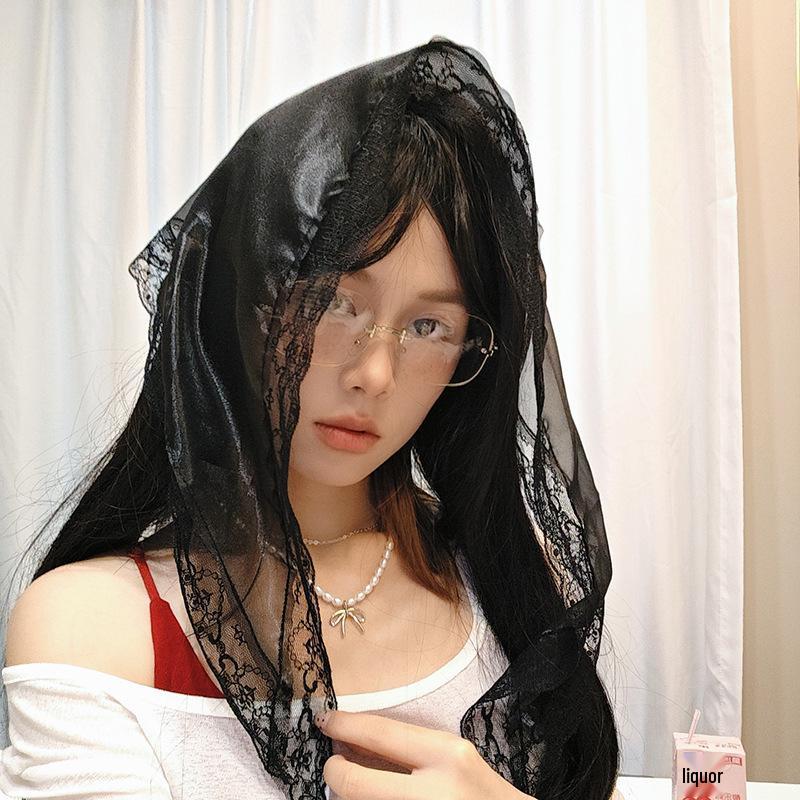 Luochi Knitting: French Lace Trimmed Triangle Scarf for Women - Spring/Summer Head Wrap and Neck Scarf. чёрный