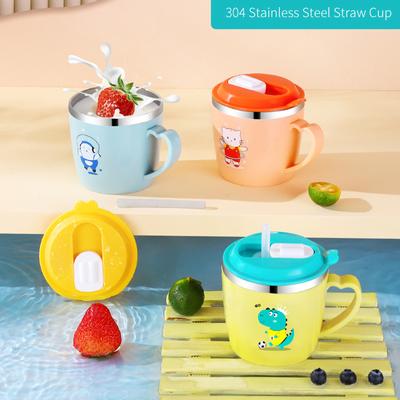 Tazza da acqua in acciaio inossidabile 304 da 250 ml per caffè, tè, latte, tazza da acqua a prova di perdite con cannuccia, stoviglie da cucina per bambini e adulti