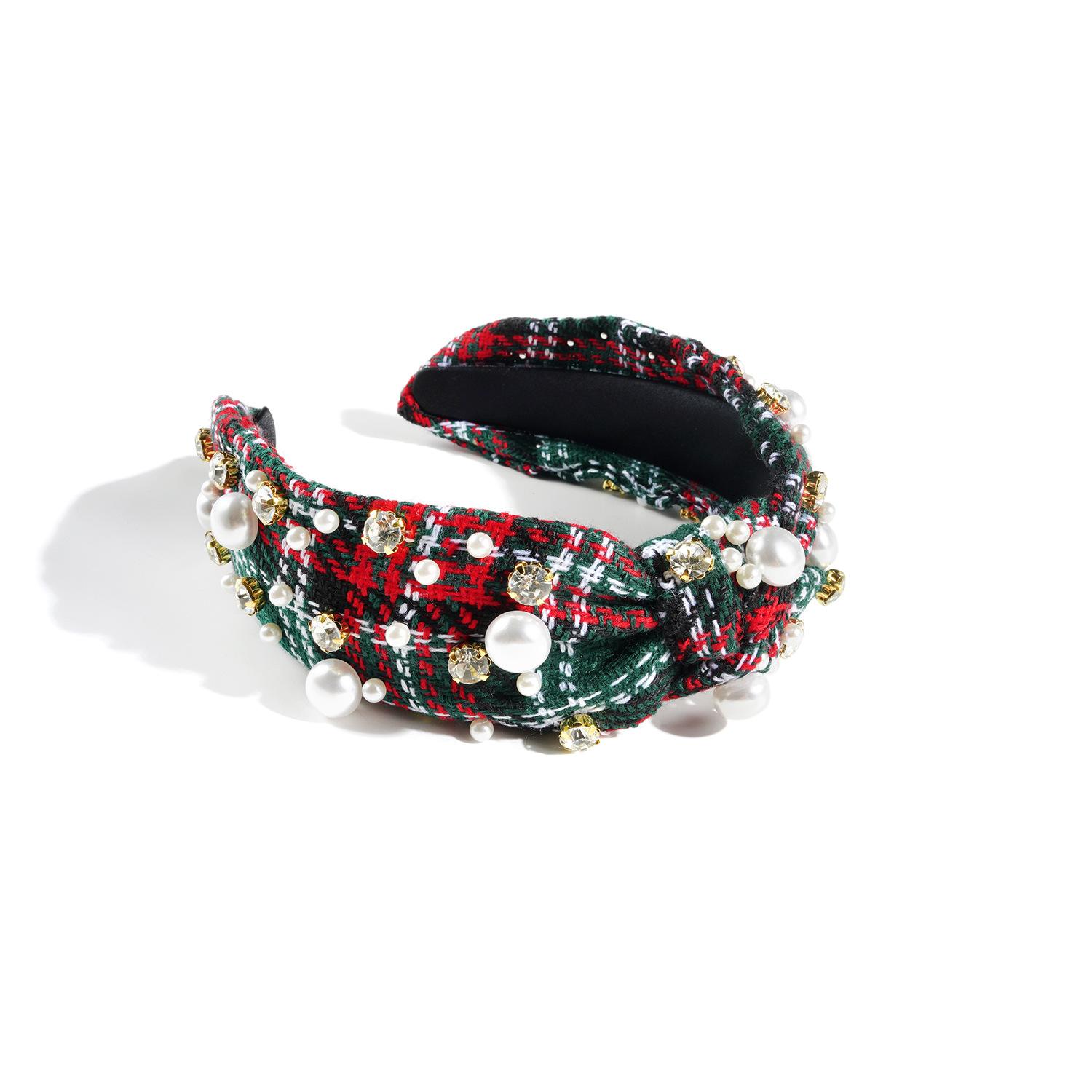 

Рождественский узелковый ободок с бусинами, винтажный, красный, зеленый, праздничный ободок с бриллиантами и жемчугом, для женщин
