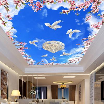 3D-Fototapete für die Decke, blauer Himmel und weiße Wolken, Wandbild, Blumenzweig, weiße Taube, großes Wandbild, Schlafzimmer, Wohnzimmer, Hintergrund, Tapetendekoration