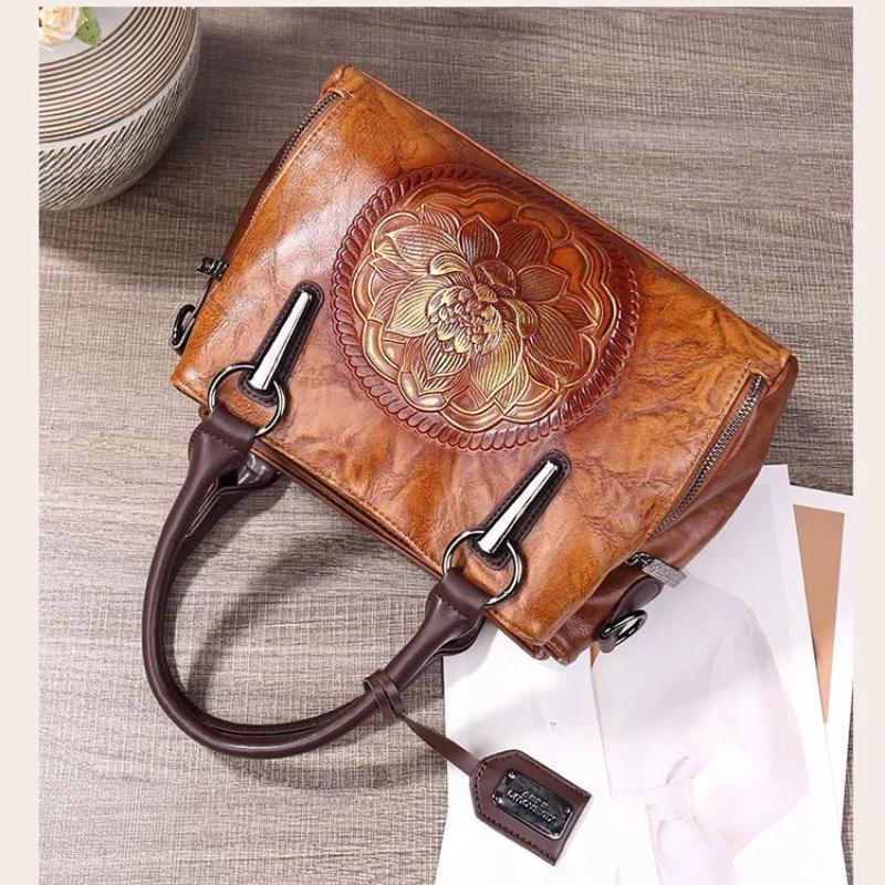 Johnature Women's Handbag Boston Bag Retro Embossed Handmade Large Capacity Versatile Shoulder Bag