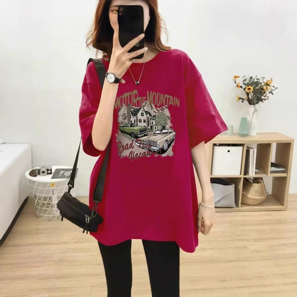 Summer new cartoon printed cotton five-quarter sleeve T-shirt women's loose large size casual fashion versatile top