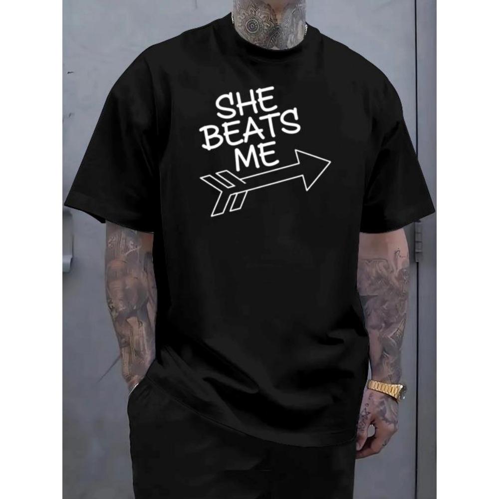 

European Sizes Men S Casual Short-Sleeve T-Shirt _ She Beats Me Humor Design - Breathable Summer T-Shirt, Machine Washable, Regular Fit S чёрный