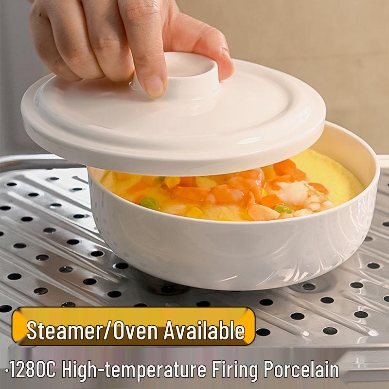 Bone China White Ceramic Steamer Basket with Lid: Deep Steaming Plate for Rice and Dishes