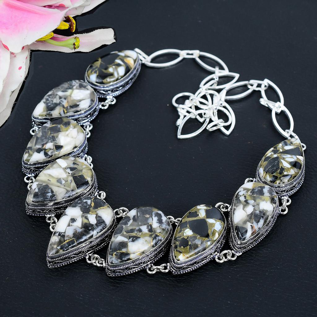 Zebra Jasper Gemstone Handmade 925 Sterling Silver Jewelry Necklace 18" KG-1637
