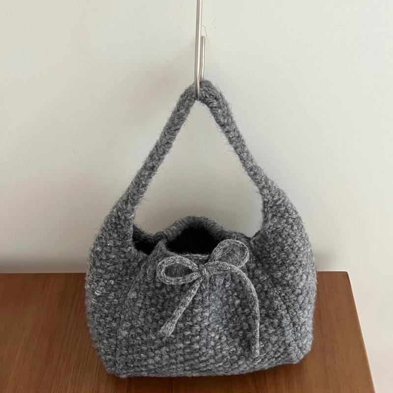 Knitted Tote Bag For Women Soft Shoulder Bag Daily Commuter Versatile All Match Handbag Double Sided Bow Underarm Purse