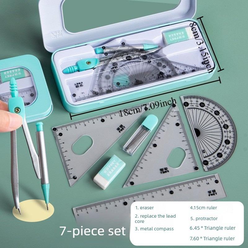 7pcs Student Geometry Tool Set Pastel Color Compass Protractor Ruler Kit with Case for School Drawing & Math Homework
