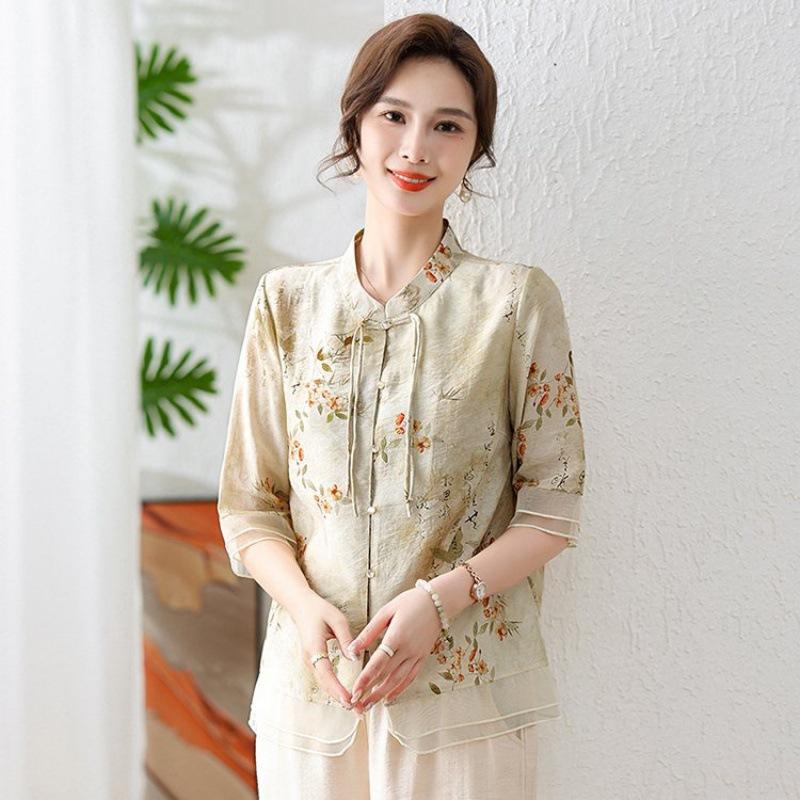 T-shirt Western Style Short-sleeved Shirt Middle-aged and Elderly Women Summer Chinese Style National Style Top