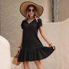 V-neck solid color loose dress casual short-sleeved dress