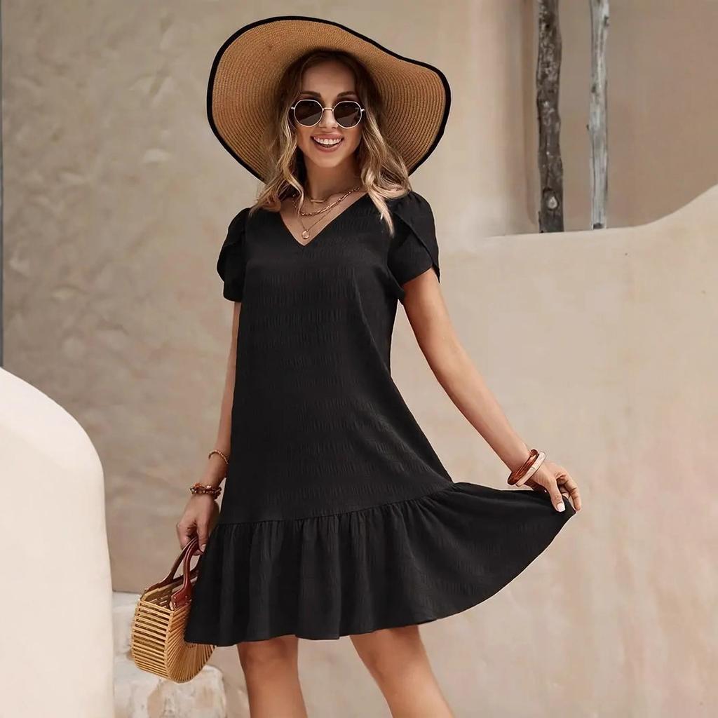 V-neck solid color loose dress casual short-sleeved dress