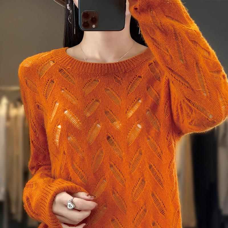 Pulover Larg Subțire Gol Primăvară Nou Culoare Solidă Mânecă Lungă Gât Rotund Larg Versatil Top