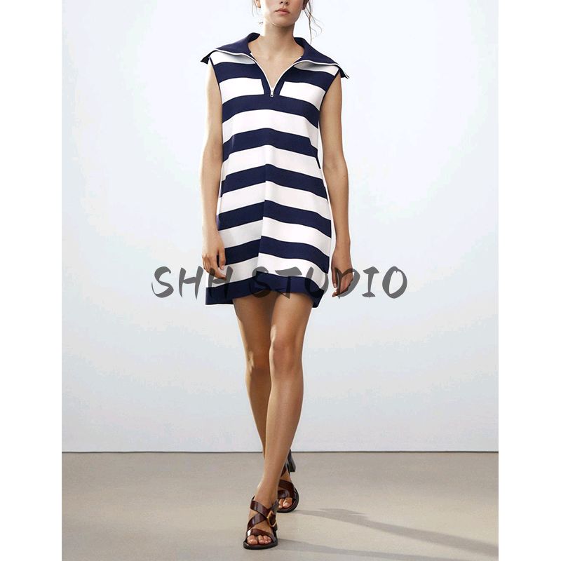Spring and Summer New Women's Clothing Minimalist Wind Zipper Ornament Stripes Knitting Sleeveless Lapel Short Dress 9598081