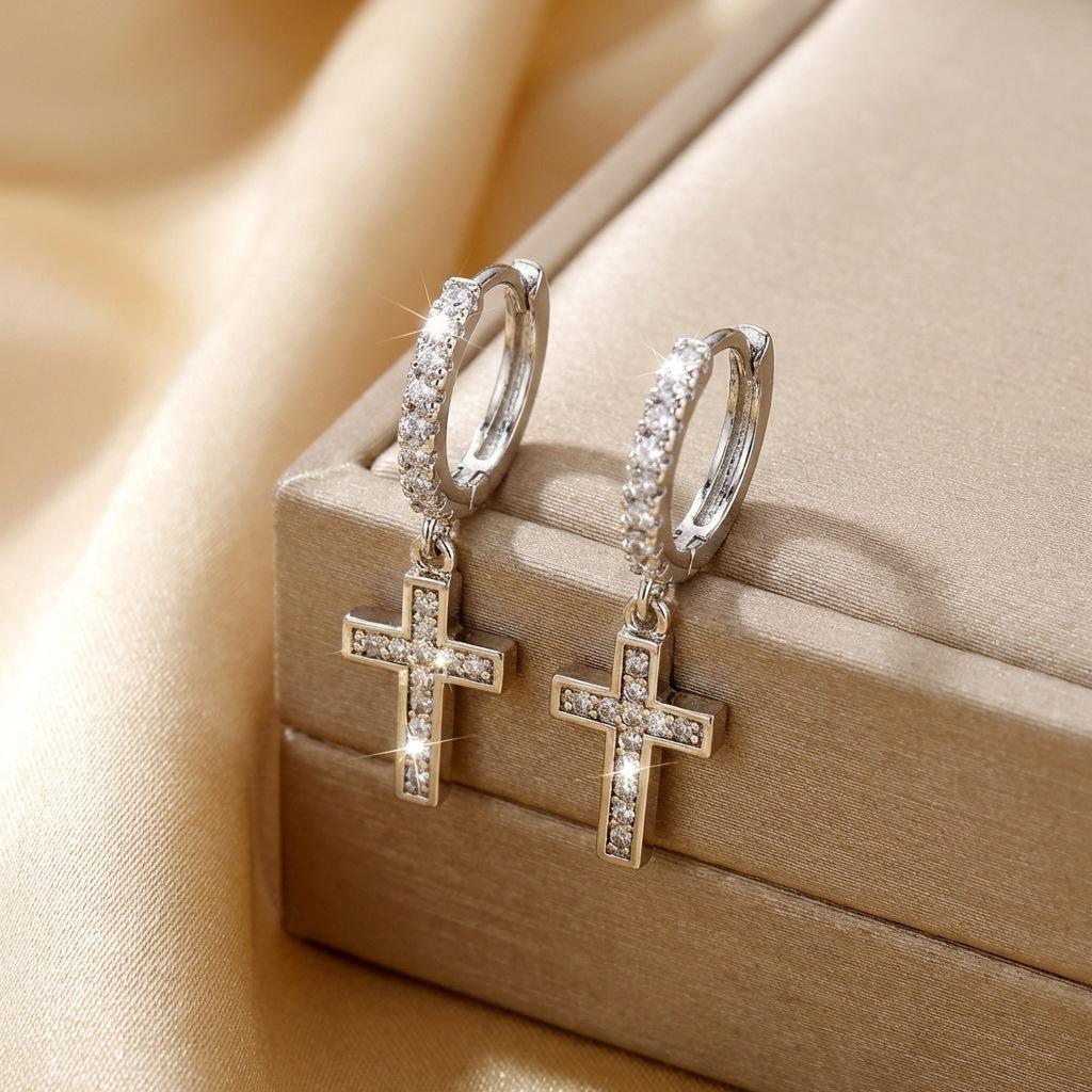 Cross Earrings, Zircon Earrings, European and American Hip-hop Style Earrings