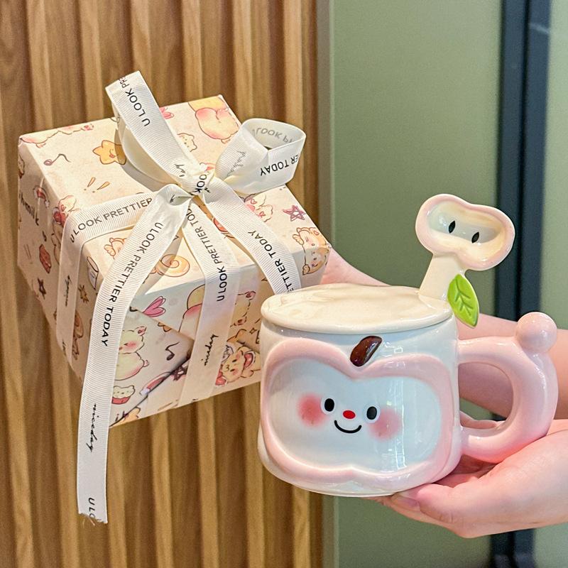 Roztomilý ručně malovaný jablečný keramický hrnek s víčkem a lžičkou, hrnek na pití, dívčí dárková krabička k narozeninám