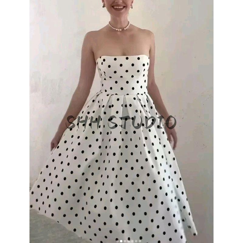 New Product Women's Clothes French Style Sweet and Spicy Style Tight Waist Slim Looking Polka Dot Print Mid Length Long Length A- Line Tube Top Dress
