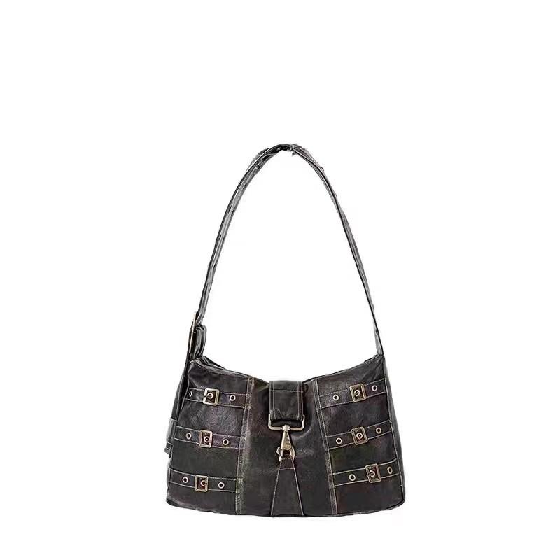 2023 New Retro Street Style Black Pu Tote Shoulder Handbag Large Capacity