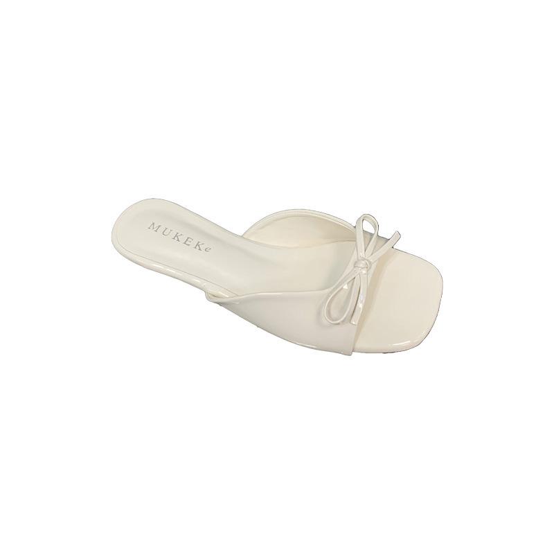 2025 Low Heel Square Head Sandals Fairy Style Bow Patent Leather Cool Slippers Outer Wear with Skirt