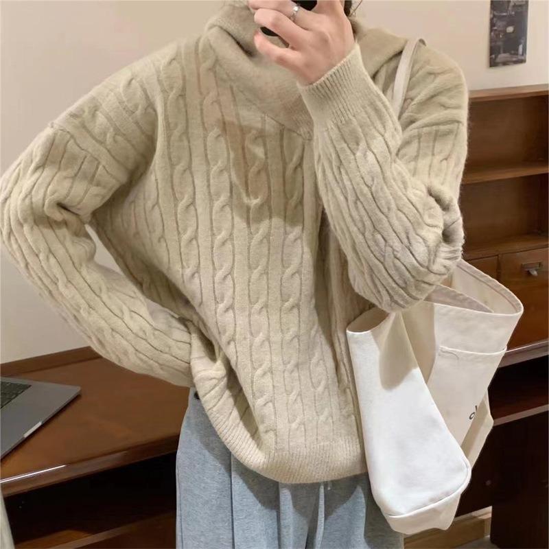 Autumn and winter new retro twist hooded pullover sweater women's simple and versatile loose lazy wind knitted sweater tide