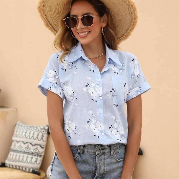 Women Casual Short Sleeve Polo Shirts Floral Print Blouse Summer Spring Fashion Top