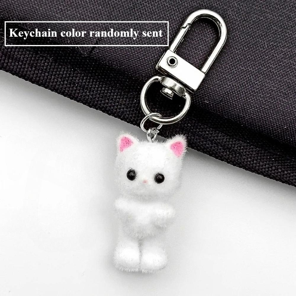 Creative Idea Cute Flocking Three-dimensional Kitten Keychain, Cartoon Mini Doll Bag Pendant Handmade DIY Jewelry Accessories