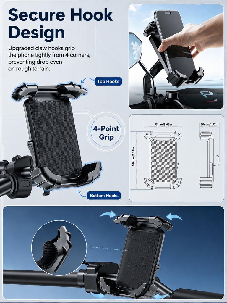 Motorcycle Phone Mount, One-Handed Anti-Shake Bike Holder, Universal Fit for Electric Scooter & Motorbike