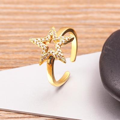 Nidin New Hip Hop Rock Five Star Rings Men Women Luxury Gold Color Rhinestones Zircon Pentagram Adjustable Wedding Party Gift